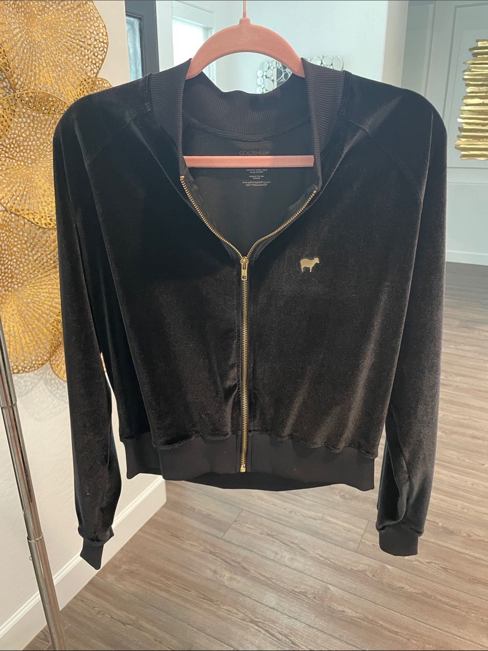 Goldsheep Black Velour Zip Front Bomber Jacket with Gold Dog Emblem